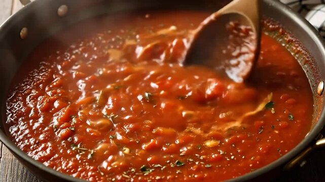 Stirring a simmering homemade tomato sauce in a pan. Cooking a classic Italian marinara recipe with herbs. Food preparation concept