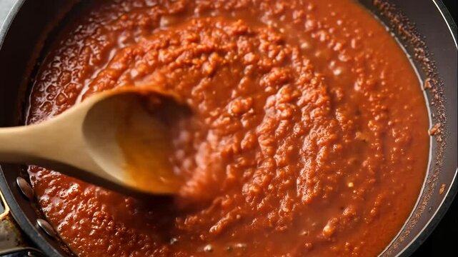 Close-up of stirring a thick red tomato sauce in a pan. Homemade bolognese or marinara simmering on a stove. Cooking a traditional Italian recipe