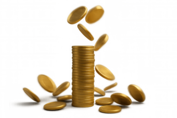 Gold coins falling, stacking, illustrating financial growth, investment, savings, and increasing wealth with a transparent background