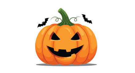 Carved Jack-o-lantern with bats flying around it for Halloween celebration.