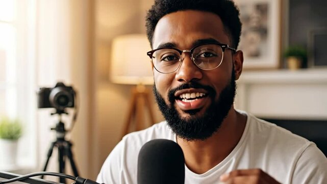 A charismatic Black man with glasses talking into a microphone. A smiling vlogger or podcaster recording content in a home studio. Online communication and content creation concept