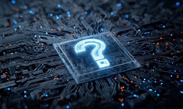 Digital Enigma: A glowing question mark illuminates a computer circuit board. It symbolizes the vast unknown in technological advancements and digital mysteries.