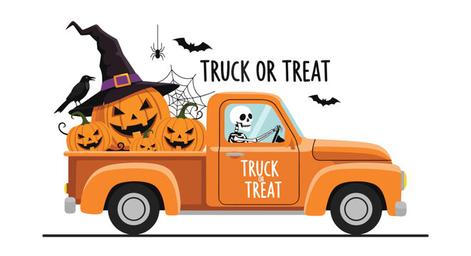 Halloween truck filled with pumpkins and a skeleton driver goes trick or treating.