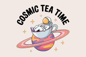 Astronaut enjoying cosmic tea time relaxing in a teacup on a planet with rings