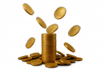 Gold coins falling and stacking, representing financial growth, savings, investment, and wealth on transparent background