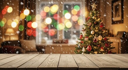 A Christmas tree with lights and ornaments sits in front of a window