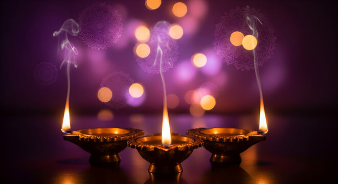 Sacred Glow: Three ornate brass diyas lit for Diwali, with graceful smoke trails against a magical purple bokeh light background.