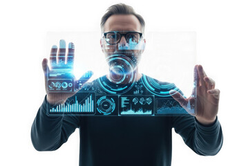 Man wearing vr headset interacting with futuristic digital interface and holographic displays isolated on transparent background