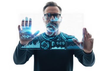 Man wearing vr headset interacting with futuristic digital interface and holographic displays isolated on transparent background