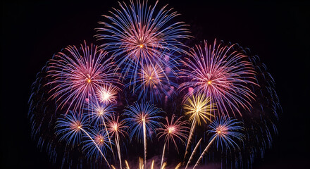 Fototapeta premium Stunning grand finale fireworks display with a bouquet of vibrant blue, pink, and gold bursts against a black night sky.