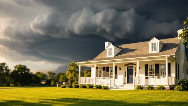 Large storm cloud approaches white house on green lawn showing dramatic weather this is a very scary and powerful nature scene this is a great real estate insurance concept
