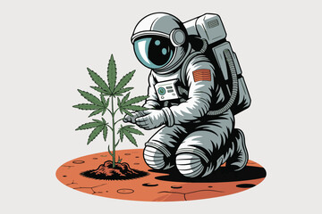 Astronaut tending to a marijuana plant on an alien planet symbolizing future cultivation