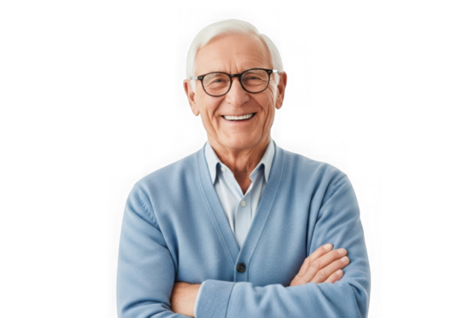 Smiling elderly man with glasses and arms crossed looking confident and happy isolated on transparent background