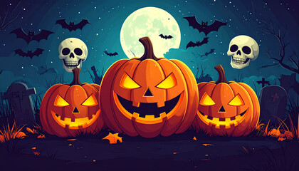 Happy halloween pumpkins with scary faces expression grimace, with moon, bats, graves and human skull flat style design vector illustration isolated on dark background