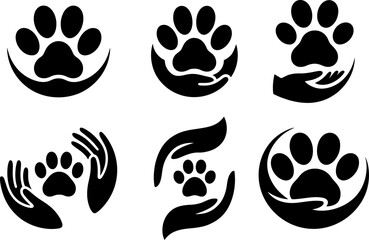 Pet Paw and Hand Care Logo Silhouette Set