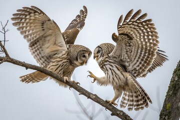 Obraz premium Barred Owls Fighting Isolated on White
