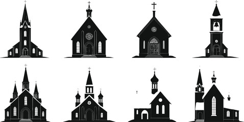Church silhouette illustrations, black religious architecture icons, steeples and domes, sacred building
