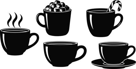 Black and white cup illustrations, coffee mugs, tea cups, festive drinks, whipped cream, candy cane, cozy beverage design, minimal style