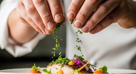 Chef delicately garnishing a gourmet dish with fresh herbs in a professional kitchen showcasing culinary skills and food presentation for fine dining and restaurant marketing materials