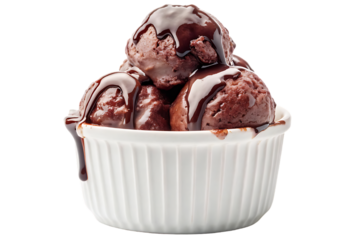 Delicious rich dark chocolate ice cream scoops generously drizzled with hot fudge sauce in a white ramekin