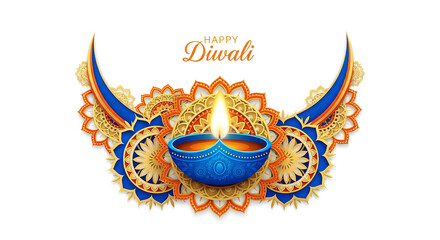 Elegant Happy Diwali greeting card design with a glowing blue diya oil lamp and intricate orange and gold mandala rangoli on a white background.