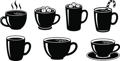 Black and white hot beverage illustrations, coffee mugs, tea cups, festive drinks, marshmallows,