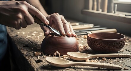 A woodcarver shaping a wooden bowl with a chisel, showcasing the artistry and skill involved in traditional woodworking
