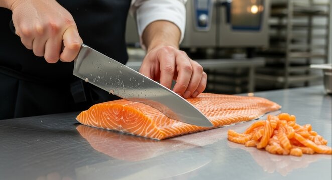 Chef skillfully cuts fresh salmon fillet on a stainless steel counter preparing sushi or seafood dishes in a professional kitchen environment with precision and culinary expertise - Powered by Adobe