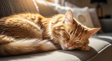 Adorable ginger cat peacefully sleeps on a cozy sofa bathed in warm sunlight showcasing its soft fur and relaxed posture in a domestic setting perfect for pet lovers and relaxation themes