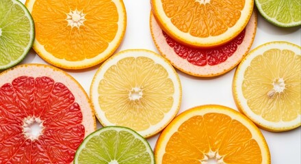 Vibrant citrus fruit slices including orange grapefruit lemon and lime are arranged on a white surface creating a colorful and refreshing display perfect for healthy eating concepts