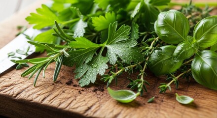 Freshly harvested herbs including parsley rosemary thyme and basil are displayed on a wooden cutting board ready for cooking and adding flavor to delicious culinary dishes