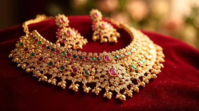 Golden necklace with gems on red velvet shows indian wedding jewelry this is a very beautiful and luxury accessory this is a very traditional and expensive bridal gift