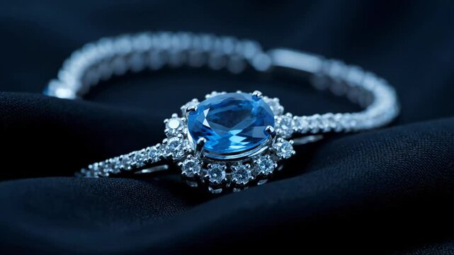 Silver bracelet with blue sapphire on black silk shows luxury jewelry this is a very beautiful and elegant accessory this is a very expensive and precious gift this is a great product