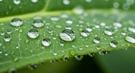 Closeup showcases glistening water droplets resting on a vibrant green leaf highlighting nature's beauty and the delicate balance of the ecosystem after a refreshing rain shower