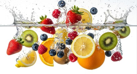 Fresh and vibrant fruits including strawberries blueberries oranges lemons kiwis and raspberries are splashing in clear water against a clean white background for a refreshing scene