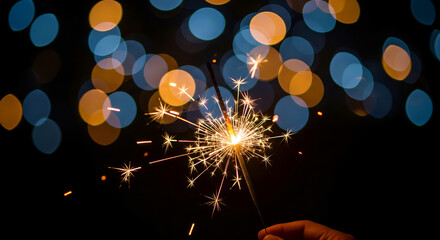 Magical New Year's Eve celebration with a hand holding a lit sparkler against a beautiful blue and gold bokeh background.