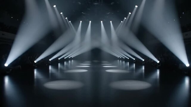 Empty fashion show runway with spotlights shows modern event stage this is a great abstract and futuristic presentation background this is a very cool and dramatic dark interior