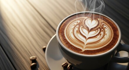 Steaming cappuccino with latte art in a white cup on a wooden table illuminated by sunlight showcasing coffee beans and a warm inviting atmosphere for coffee lovers and cafe visits