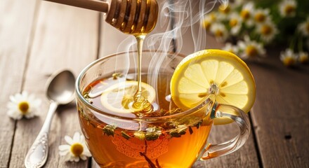 Steaming cup of herbal tea with lemon and honey being drizzled in sitting on a rustic wooden table with chamomile flowers in the background creating a calming atmosphere