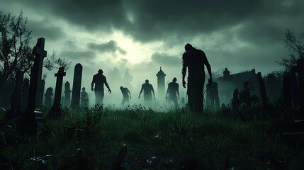 Undead horde emerges from a misty graveyard on a dark ominous day