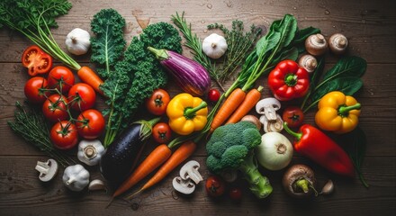 Fresh vegetables including tomatoes carrots peppers eggplant garlic kale broccoli and mushrooms are displayed on a rustic wooden surface for a healthy eating concept