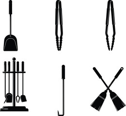 Fireplace and barbecue tool silhouette set, black and white hearth maintenance graphics, grill accessory illustrations, cozy home and outdoor design elements