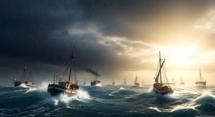 Fototapeta premium Humanitarian Fleet at Sunset – Journey Toward Peace