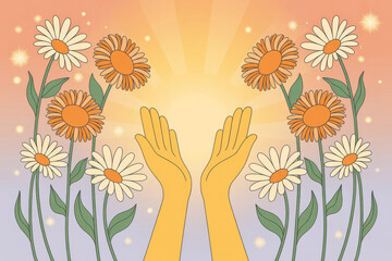 Hands reaching upwards surrounded by flowers and gentle light symbolizing hope and positivity