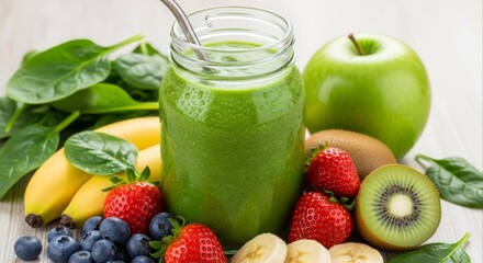 Vibrant green smoothie in a glass jar with a metal straw surrounded by fresh fruits like bananas strawberries blueberries kiwi and a green apple for a healthy lifestyle and diet