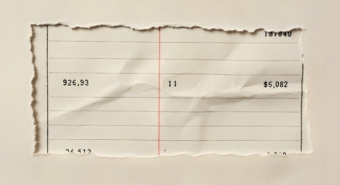 Torn paper receipt with numbers 926.33, 11, 85.082 on beige background. Moody shadows. Minimalist concept. Neutral colors. AI Generated.
