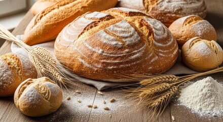 Freshly baked artisan bread loaves and rolls dusted with flour sit on a rustic wooden table alongside wheat stalks creating a warm and inviting bakery or food photography scene
