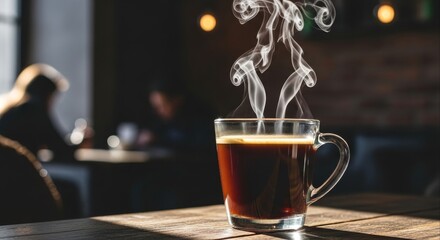 Steaming cup of dark coffee sits on a wooden table in a cafe inviting relaxation and a warm beverage experience with its rich aroma and comforting presence in a cozy setting