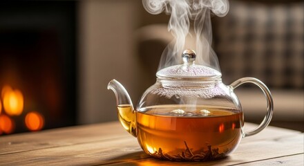 Steaming teapot filled with herbal tea sits on a wooden table near a cozy fireplace creating a warm and inviting atmosphere perfect for relaxation and enjoying a cup of tea