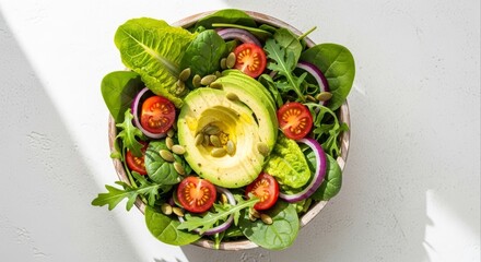 Fresh avocado salad with spinach tomatoes red onion and pumpkin seeds in a wooden bowl on a white surface creates a healthy and vibrant meal option for lunch or dinner.
